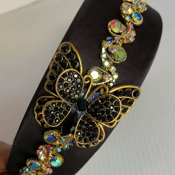 Headband Black Embellished Gold Butterfly Rhinestone Crystal Hair Band NEW